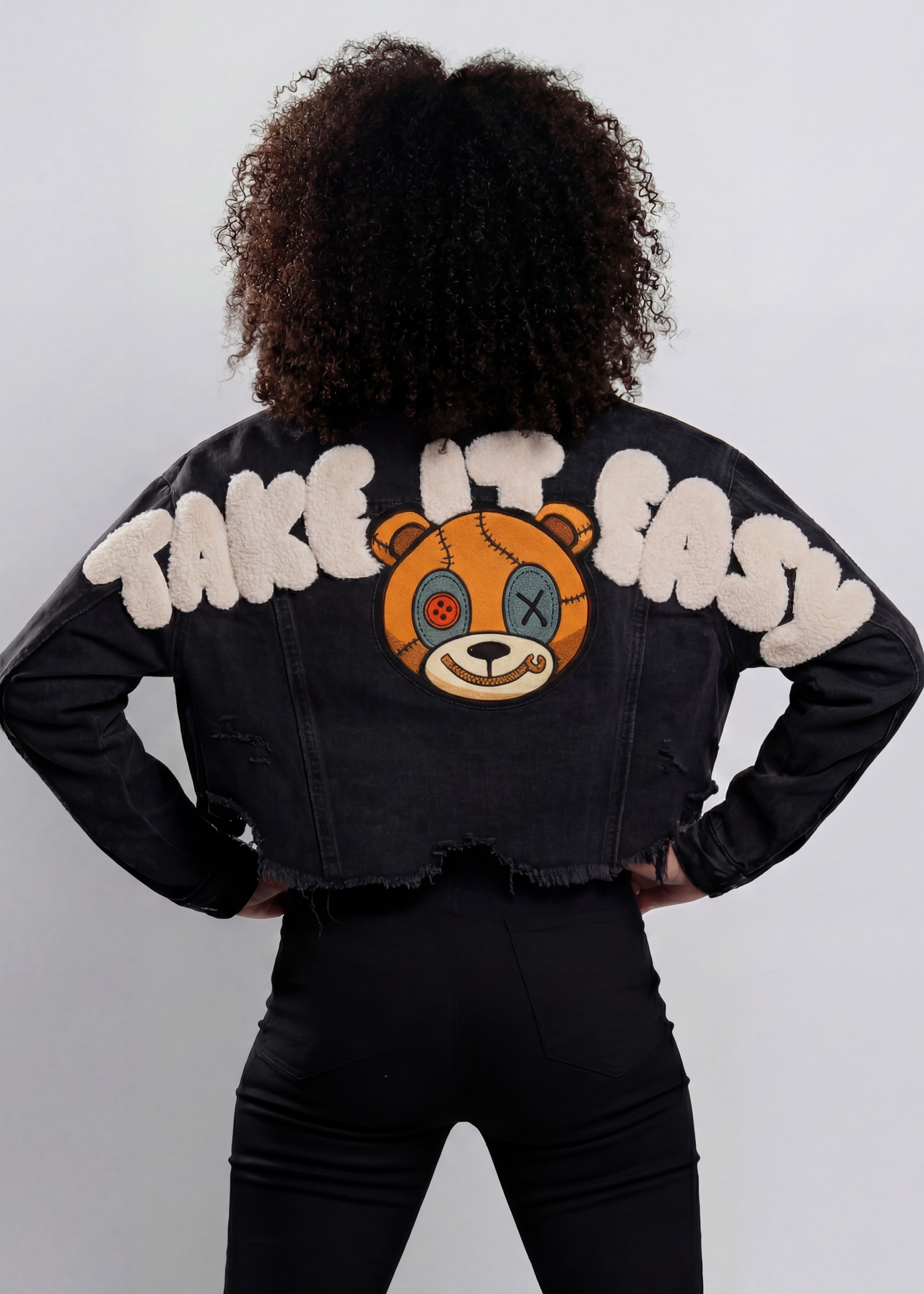 Distressed Teddy Cropped Denim Jacket - Pink Seal  
