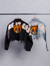 Thumbnail for Distressed Teddy Cropped Denim Jacket - Pink Seal  