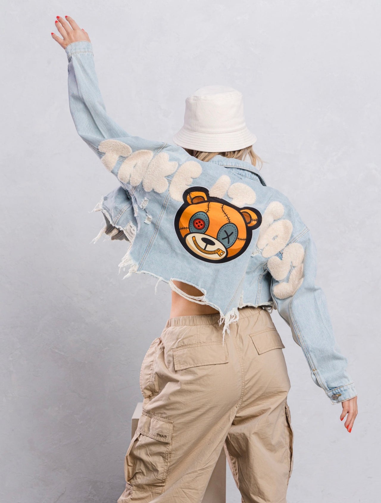 Distressed Teddy Cropped Denim Jacket - Pink Seal  