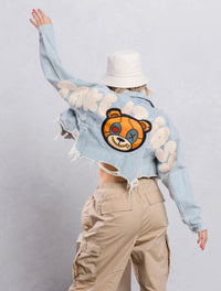 Thumbnail for Distressed Teddy Cropped Denim Jacket - Pink Seal  