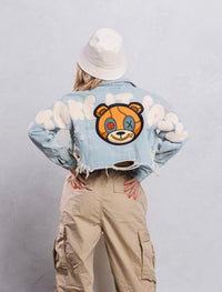 Thumbnail for Distressed Teddy Cropped Denim Jacket - Pink Seal  
