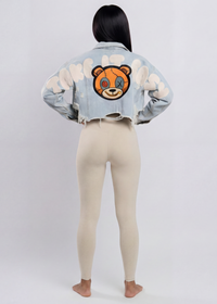 Thumbnail for Distressed Teddy Cropped Denim Jacket - Pink Seal  