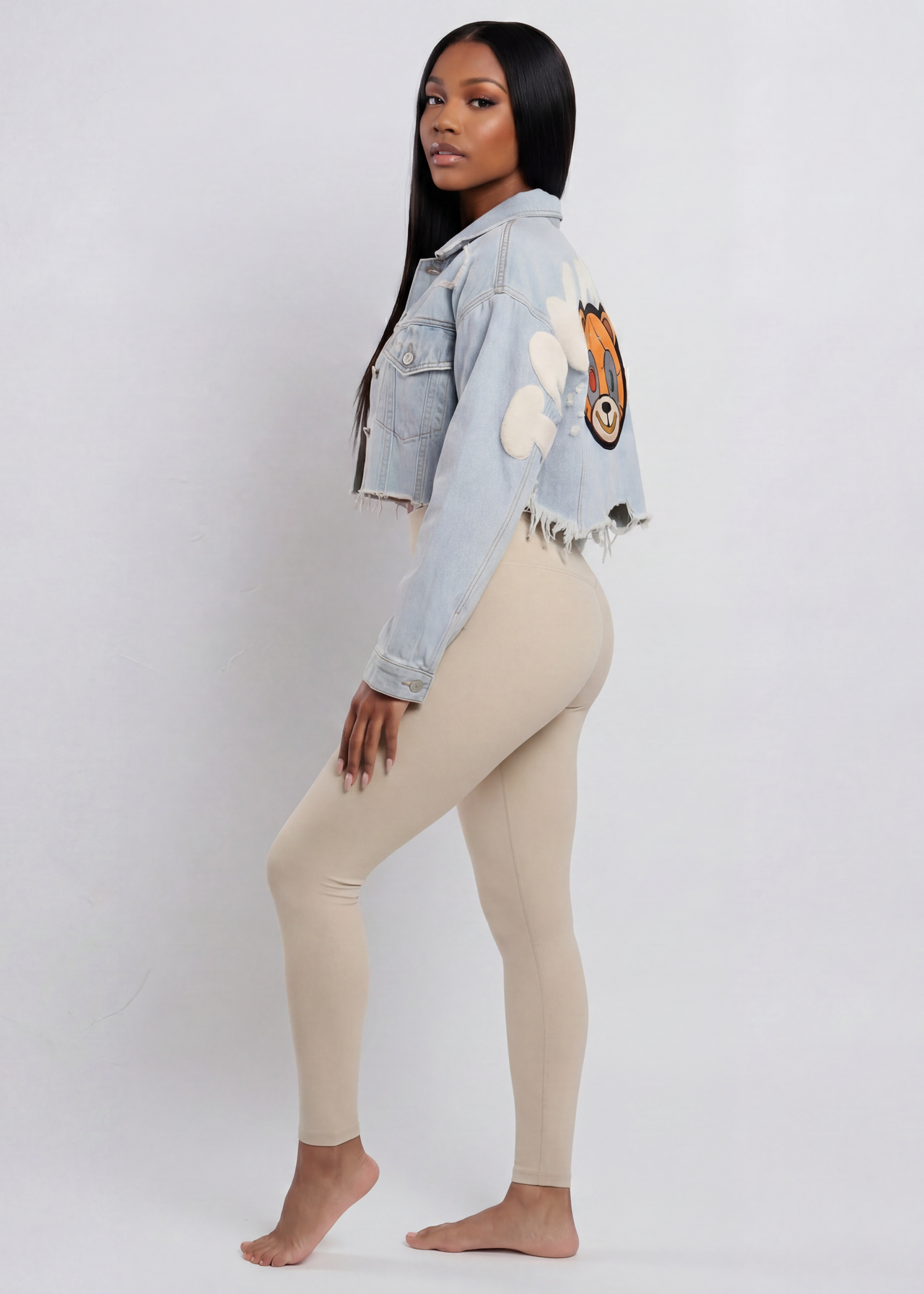Distressed Teddy Cropped Denim Jacket - Pink Seal  