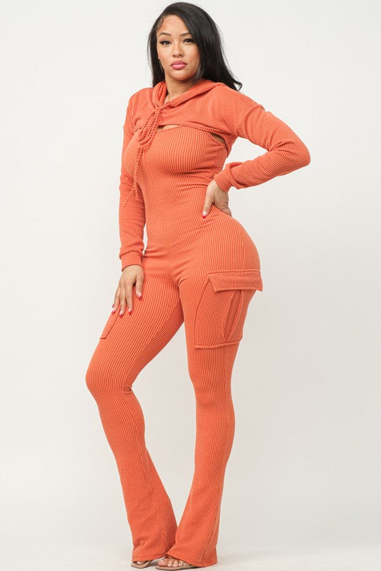 Stylish Orange 2 Piece Jumpsuit Outfit with cargo pockets for women, ideal for girls night and everyday looks.