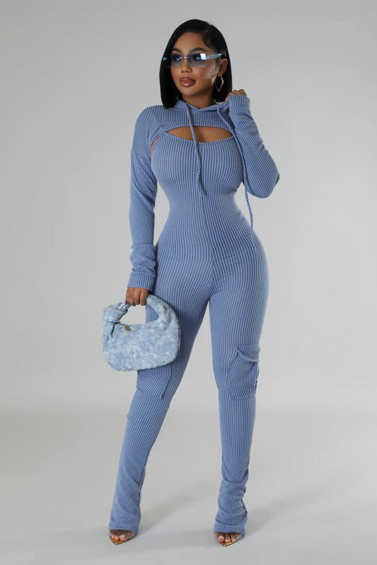 Stylish blue 2 Piece Jumpsuit Outfit with cargo pockets for women, ideal for girls night and everyday looks.