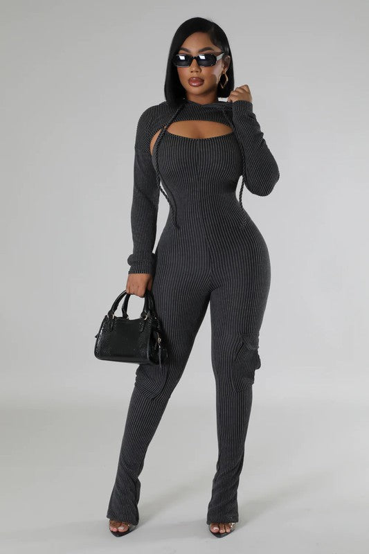 Stylish Black 2 Piece Jumpsuit Outfit with cargo pockets for women, ideal for girls night and everyday looks. Front view.