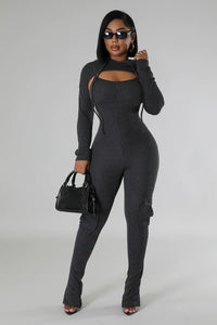 Thumbnail for Stylish Black 2 Piece Jumpsuit Outfit with cargo pockets for women, ideal for girls night and everyday looks. Front view.