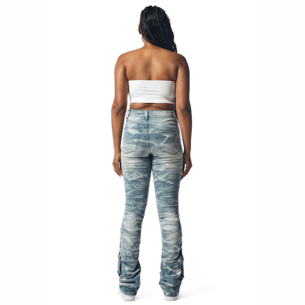  Stylish blue light-wash stacked jeans for young women, perfect for casual outfits. Back view.