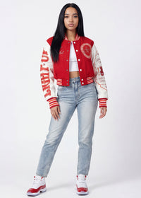 Thumbnail for Pink Seal Cropped varsity jacket with empowering embroidery and bold streetwear style.