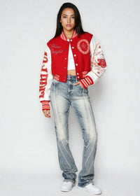 Thumbnail for Cropped varsity jacket with empowering embroidery and bold streetwear style.