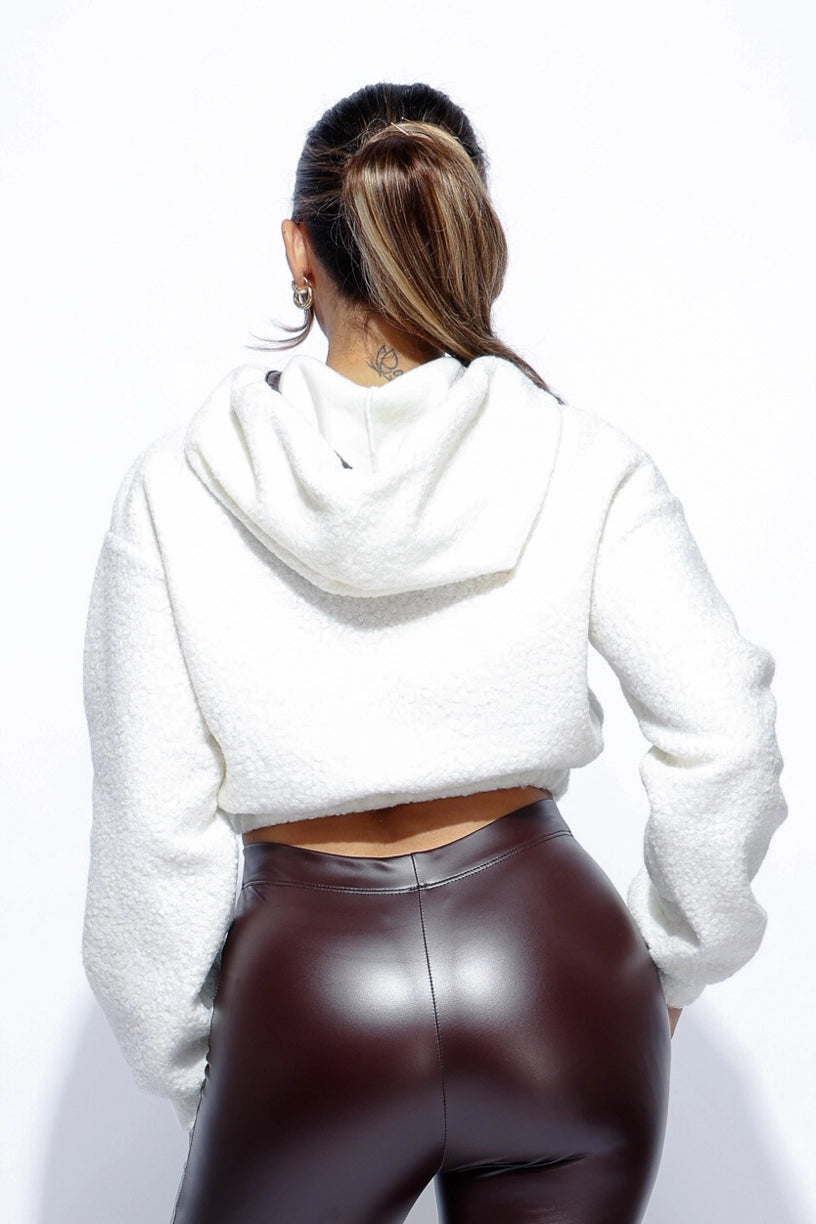 Stylish white crop hoodie for young women and teens.. Back view.