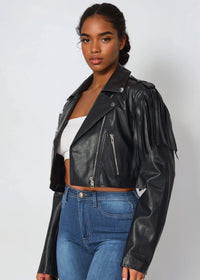 Thumbnail for Cropped faux leather fringe jacket for bold, confident style.
