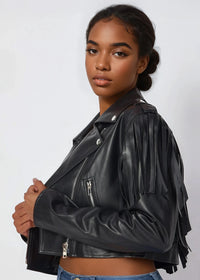 Thumbnail for Cropped faux leather fringe jacket for bold, confident style.
