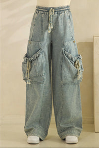 Thumbnail for Light blue denim cargo pants on a neutral background