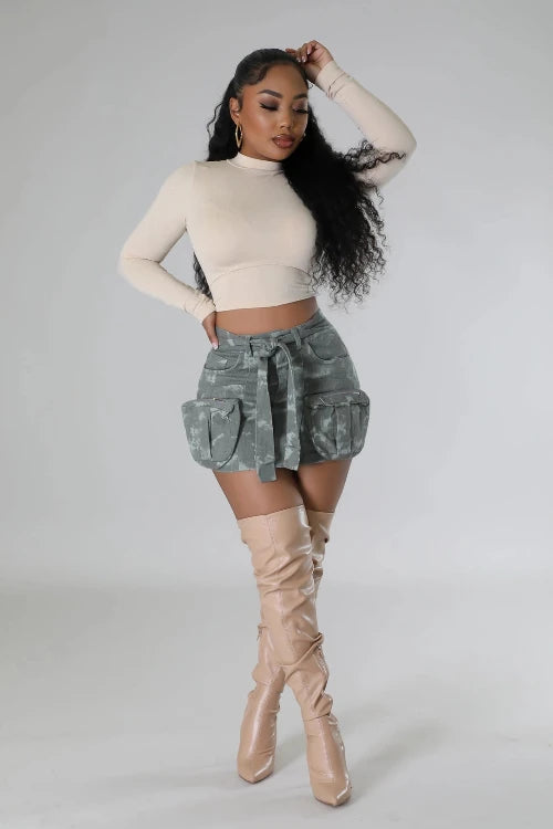 Chic Cargo Mini Skirt for young women and teens in neutral camouflage tones.