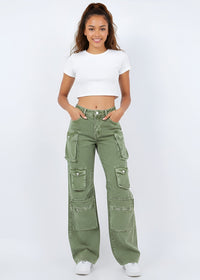 Thumbnail for Woman wearing Pink Seal green cargo pants and a white crop top on a white background