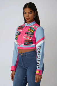 Thumbnail for Trendy cropped jacket with patchwork and mock neck, perfect for layering during spring or summer.