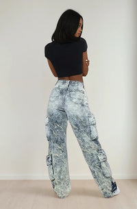 Thumbnail for Y2k inspired mid rise, cargo style, wide leg pants for young women and teens. Back view.