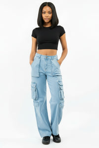 Thumbnail for Person wearing pink seal light blue cargo pants and a black crop top on a white background