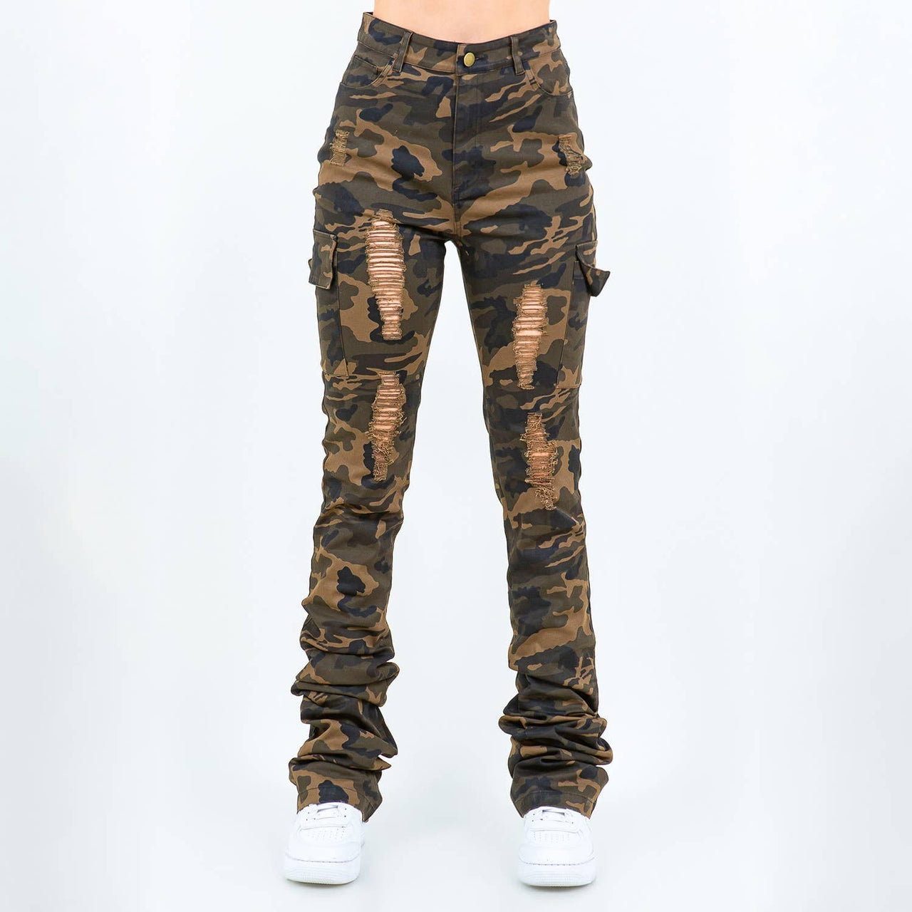 Edgy Camouflage Ripped Cargo Pants young ladies and teenagers. Streetwear. Front view.