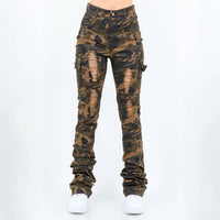 Thumbnail for GI Jane Camouflage Ripped Cargo Stacked Pants - Pink Seal  