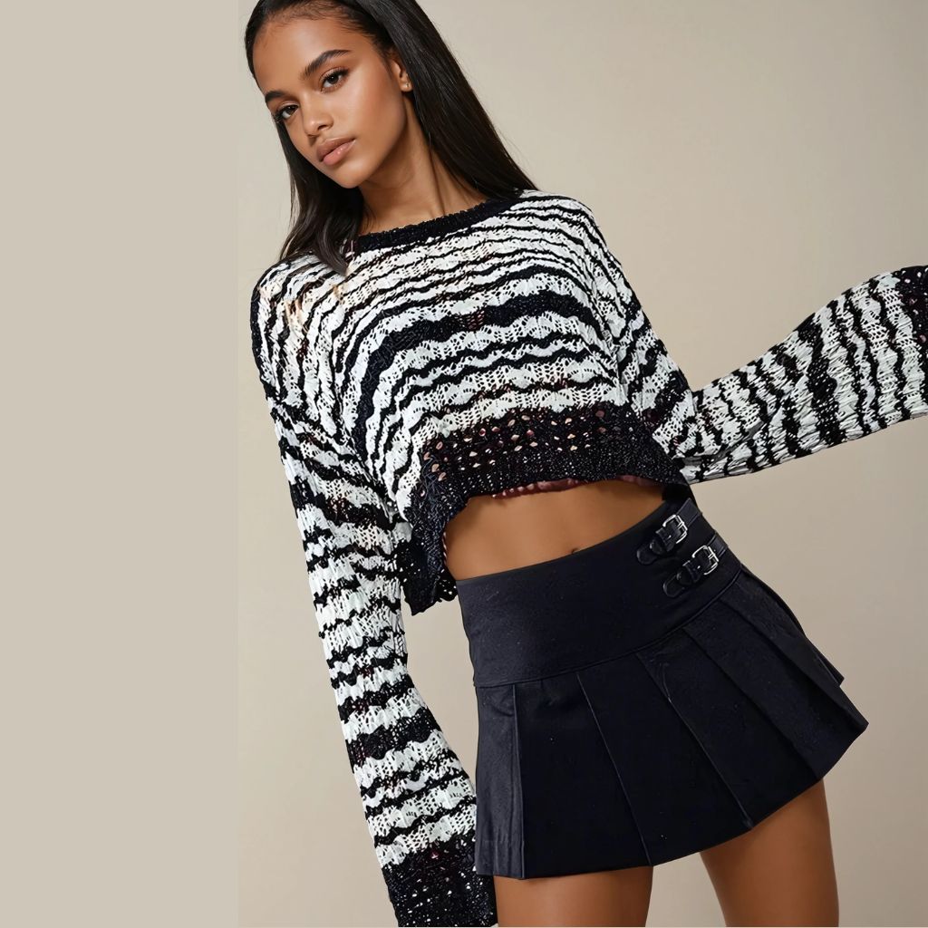 Stylish Stripped Crochet Sweater for young women and teenagers. Weekend ready look. Front view.