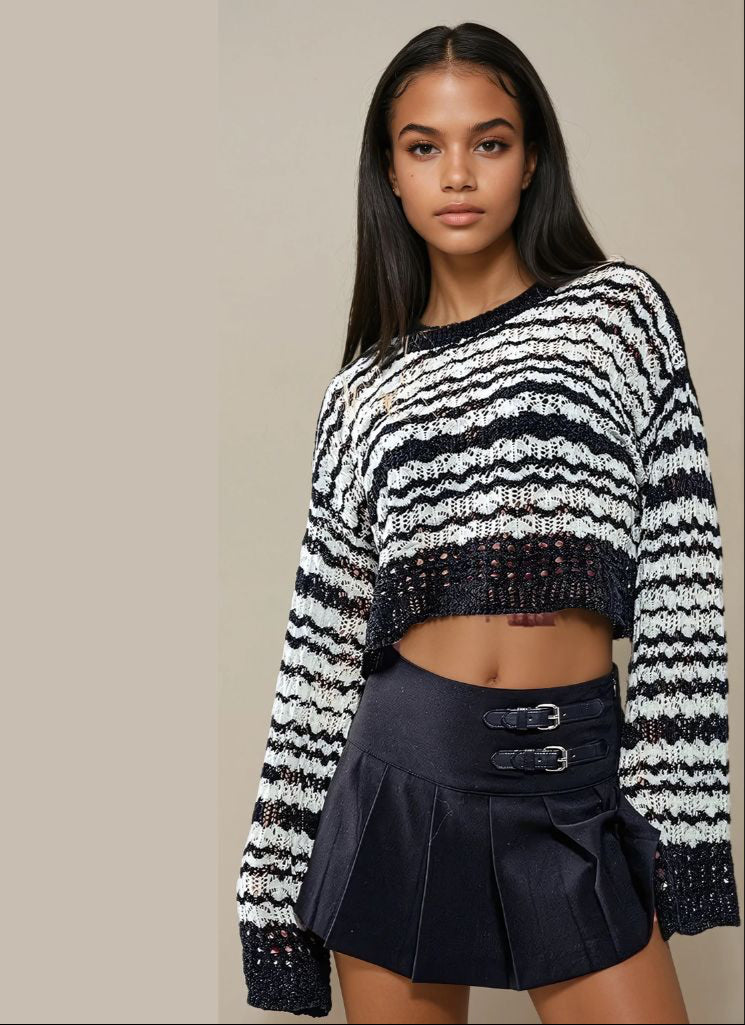 Stylish Stripped Crochet Sweater for young women and teenagers. Weekend ready look.  Alt view.