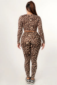 Thumbnail for Matching long sleeve leopard crop top and leggings outfit for young women and teenagers. Ideal for gym, everyday wear, and lounging. Back view.