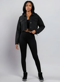 Thumbnail for Woman wearing a off black cropped denim jacket and black pants on a white background