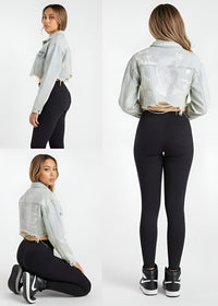 Thumbnail for Woman modeling black leggings with a light denim jacket from multiple angles on a white background