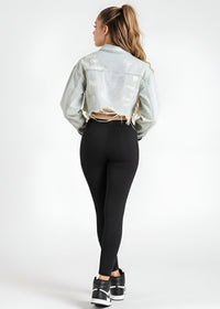 Thumbnail for Person wearing a Pink Seal light blue crop denim jacket, black leggings, and black sneakers on a white background