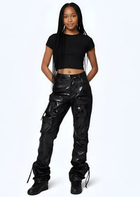 Thumbnail for Young women wearing Pink Seal Glossy PU black leather stacked cargo pants with side pinching and pockets.