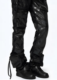 Thumbnail for Young women wearing Pink Seal Glossy PU black leather stacked cargo pants with side pinching and pockets.