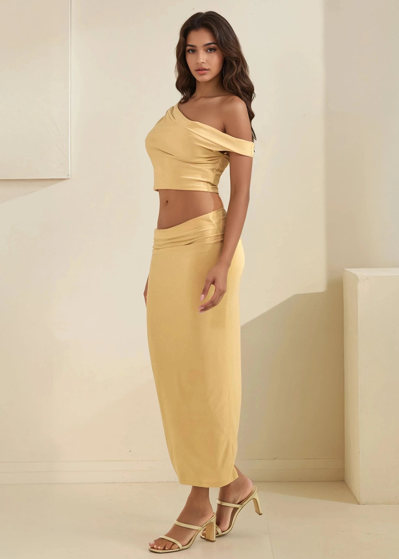 Chic draped crop top and maxi skirt with curve-hugging silhouette