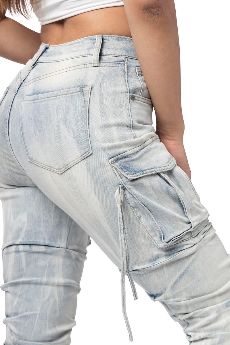 Stylish Cargo Stacked Denim Jeans for young women and teens. Y2K everyday look. Side view.