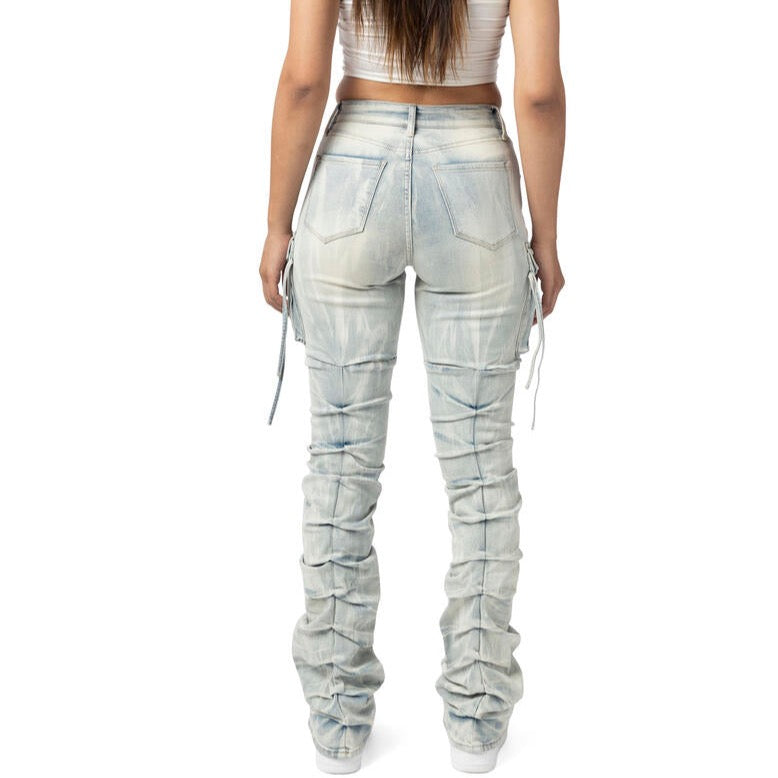 Stylish Cargo Stacked Denim Jeans for young women and teens. Y2K everyday look. Back view.