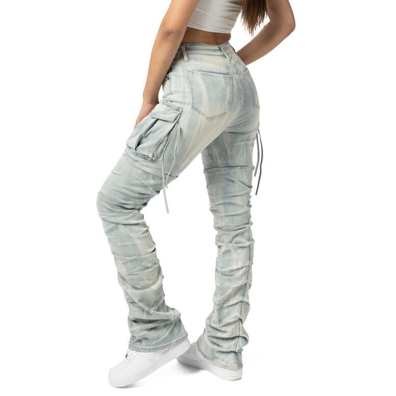 Stylish Cargo Stacked Denim Jeans for young women and teens. Y2K everyday look. Side view.