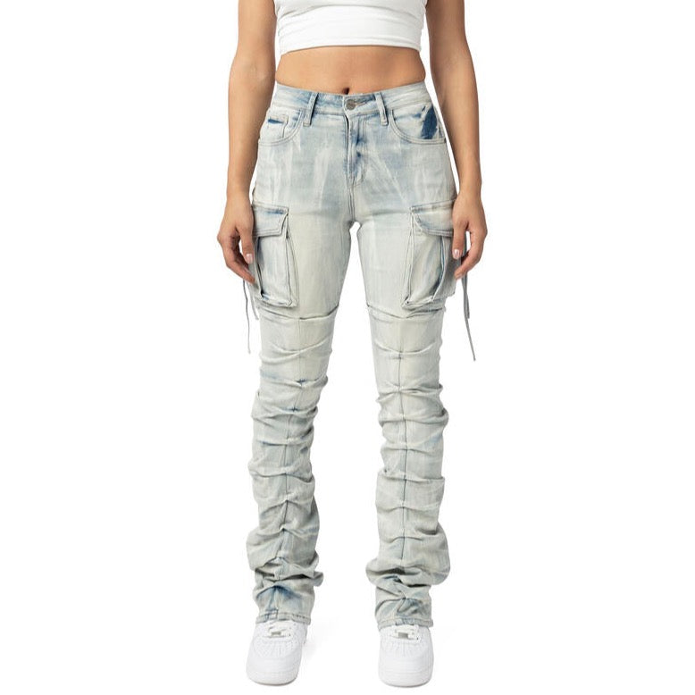 Stylish Cargo Stacked Denim Jeans for young women and teens. Y2K everyday look. Front view.