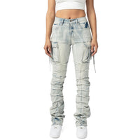 Thumbnail for Stylish Cargo Stacked Denim Jeans for young women and teens. Y2K everyday look. Front view.