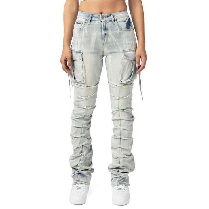 Stylish Cargo Stacked Denim Jeans for young women and teens. Y2K everyday look. Front#2