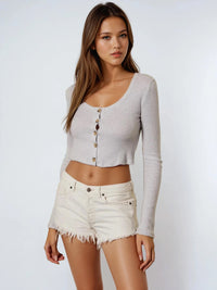 Thumbnail for Ice Lilac Soft cropped knit cardigan with scoop neckline.