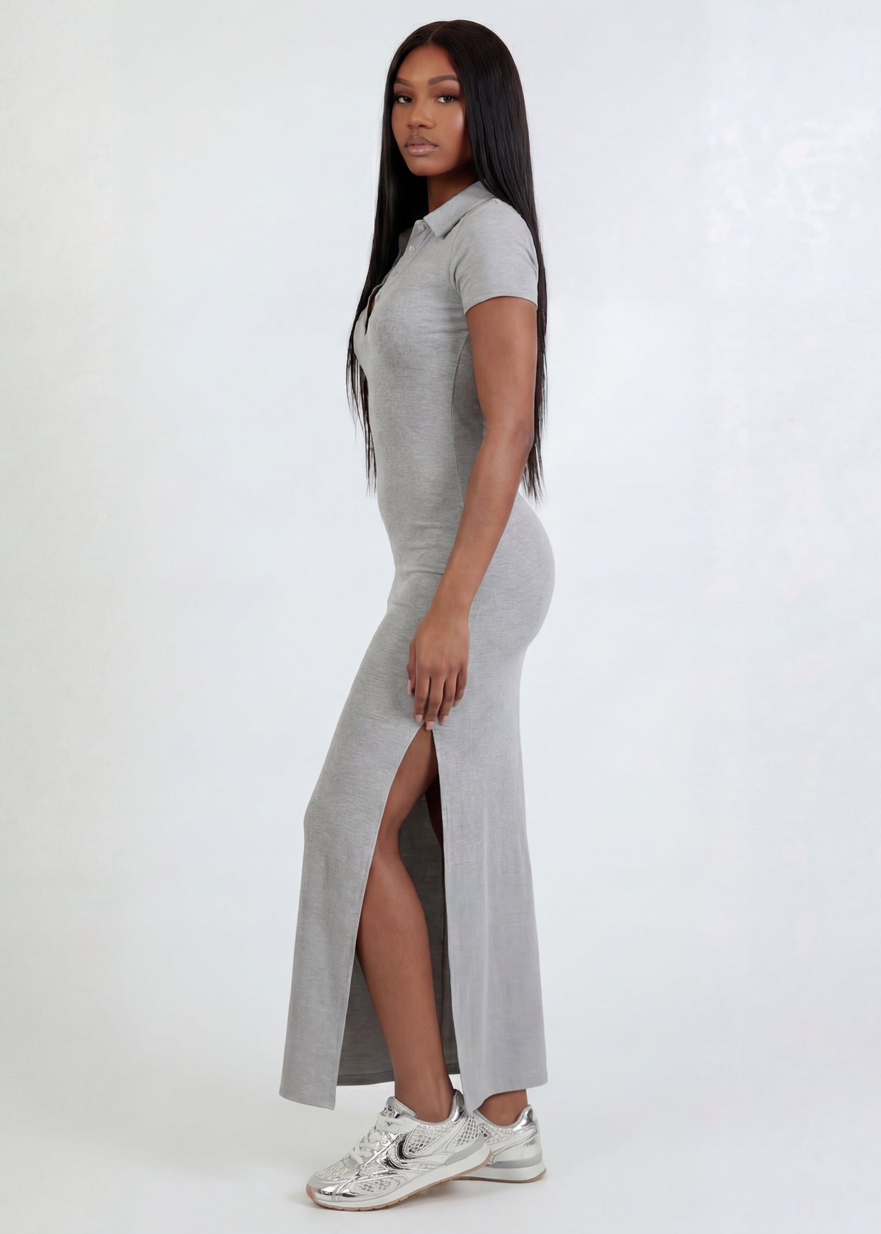 Pink Seal Fitted jersey maxi dress with side slit and button collar detail