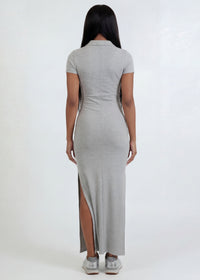 Thumbnail for Pink Seal Fitted jersey maxi dress with side slit and button collar detail