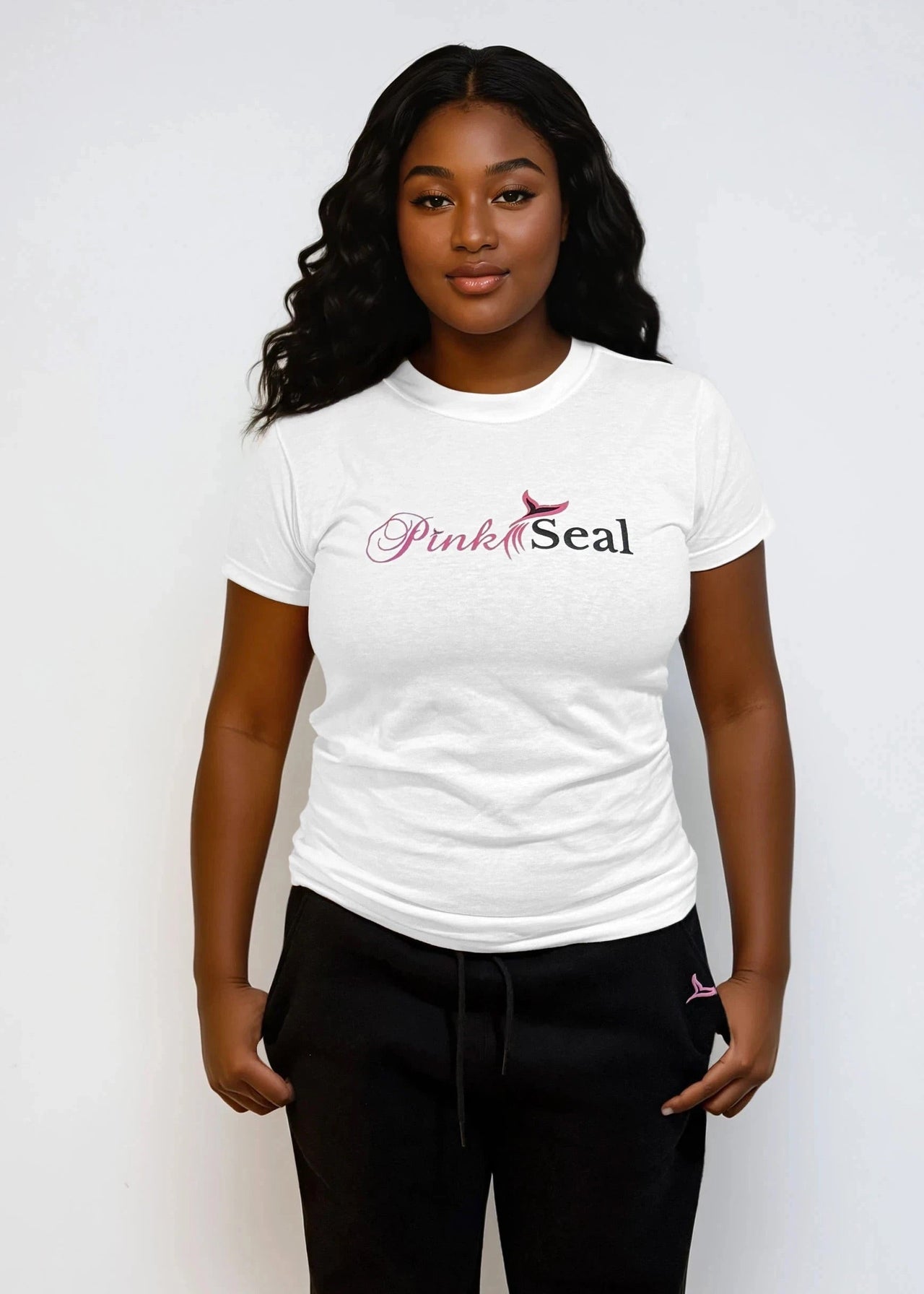 'Pink Seal' white t-shirt with Pink Seal logo on a plain background