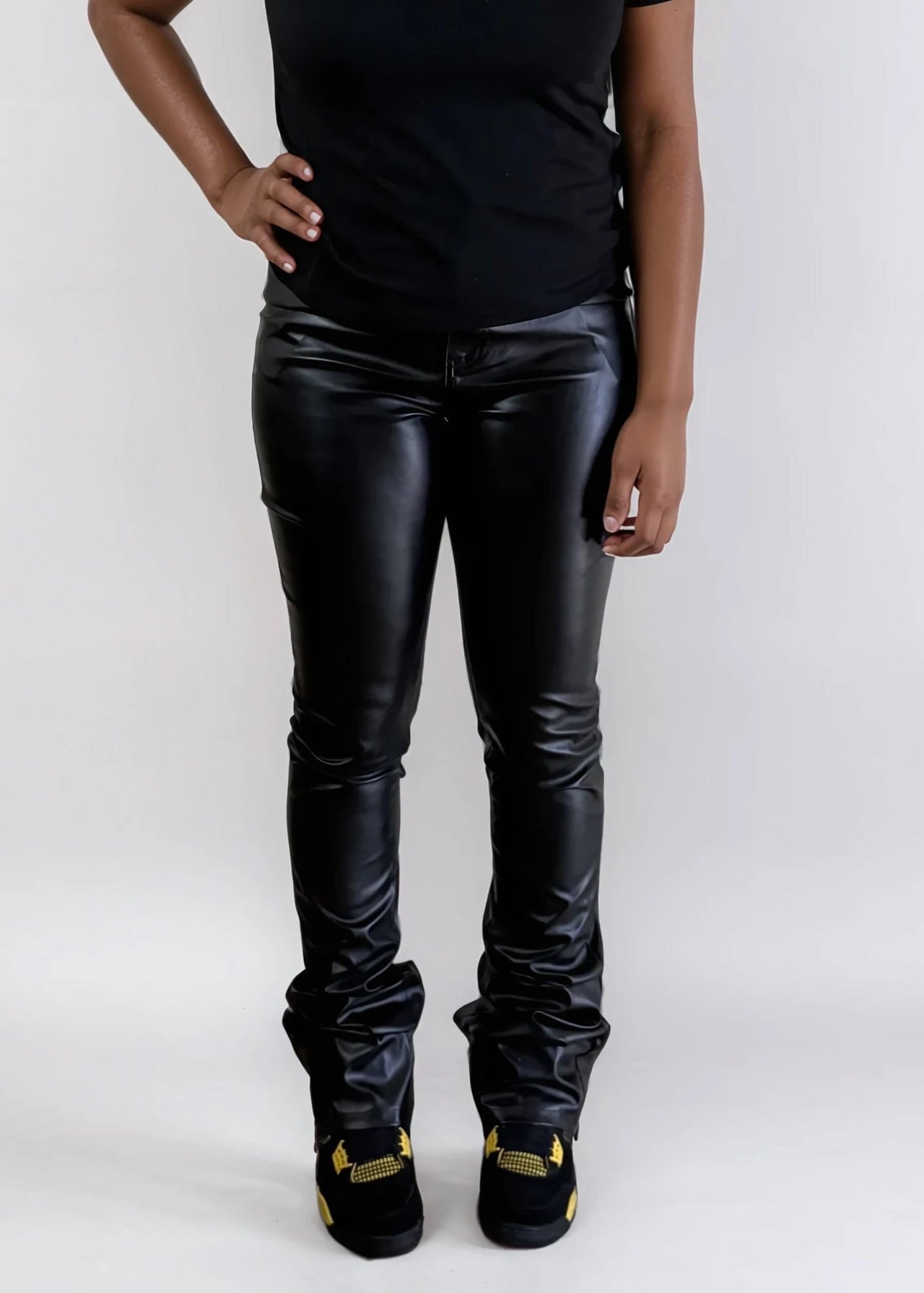 PU Leather Black Stacked Pants - Pink Seal  