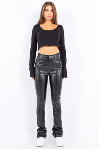 Thumbnail for Trendy Faux Leather Black Stacked Pants for young women and teenagers in black. Y2K streetwear for everyday wear. Full view.