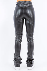 Thumbnail for Trendy Faux Leather Black Stacked Pants for young women and teenagers in black. Y2K streetwear for everyday wear. Back view.