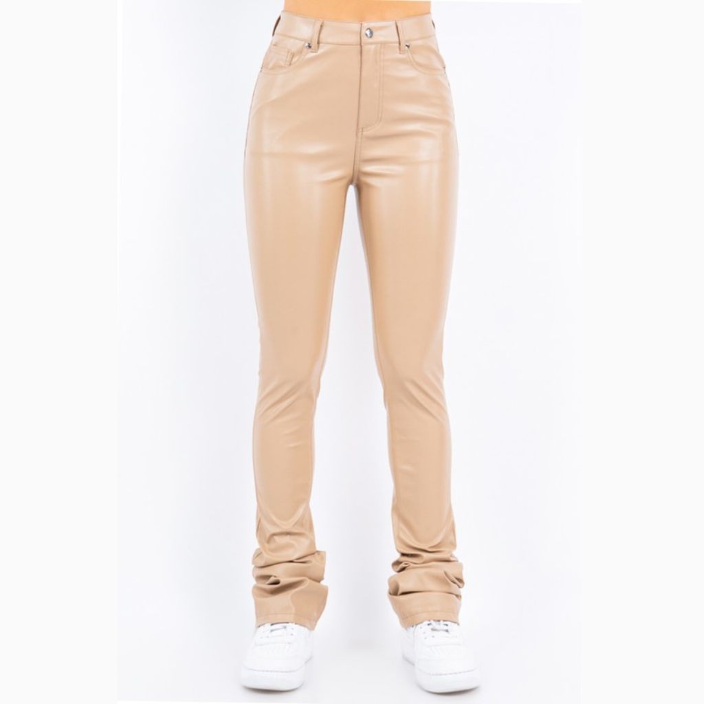 Trendy Faux Leather Black Stacked Pants for young women and teenagers in tan. Y2K streetwear for everyday wear. in Tan. Front View.