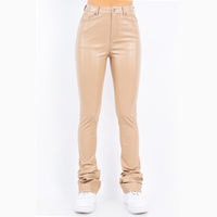 Thumbnail for Trendy Faux Leather Black Stacked Pants for young women and teenagers in tan. Y2K streetwear for everyday wear. in Tan. Front View.