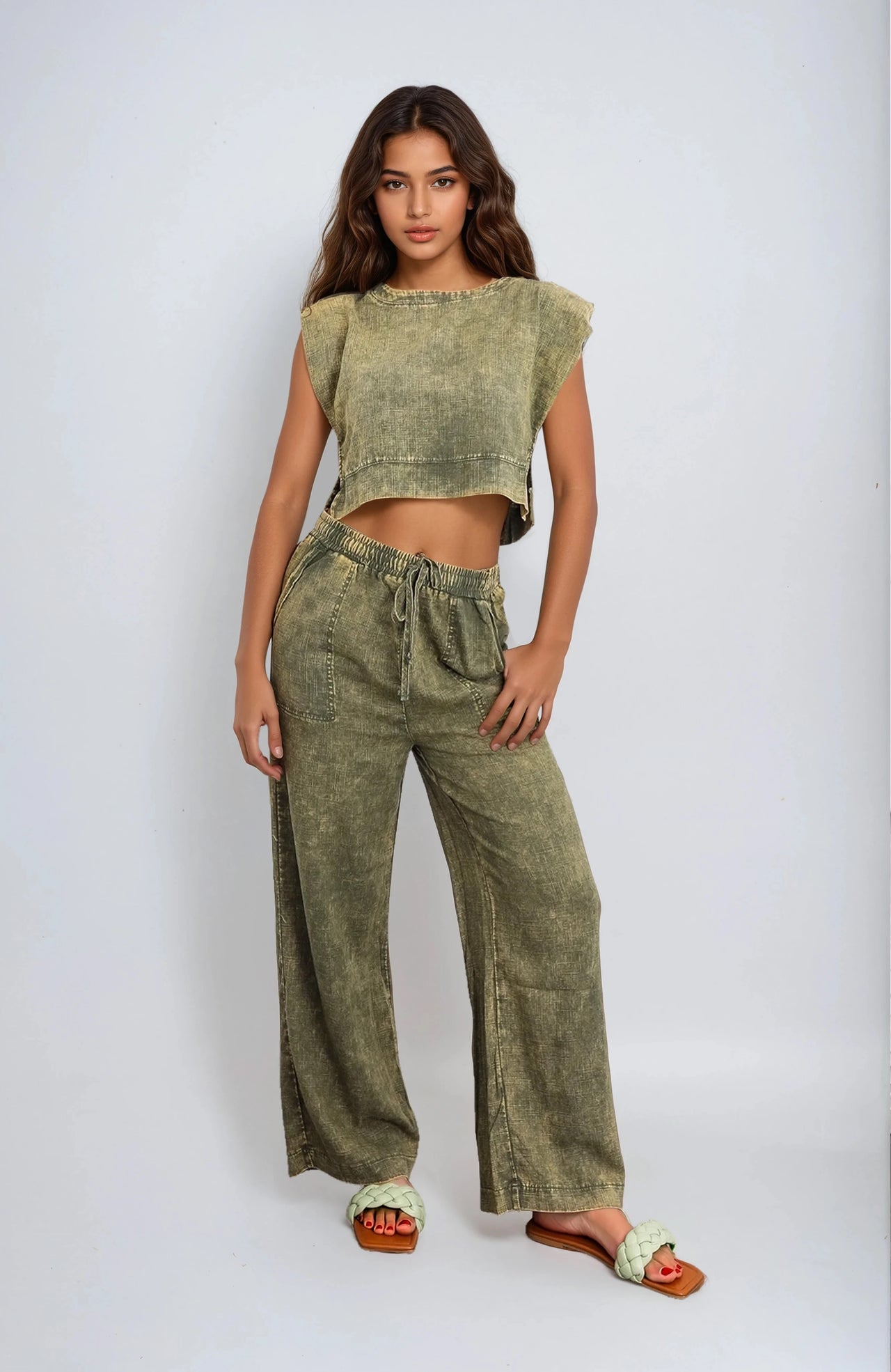 Pink Seal 2-piece olive linen outfit with cropped top and wide-leg drawstring pants.